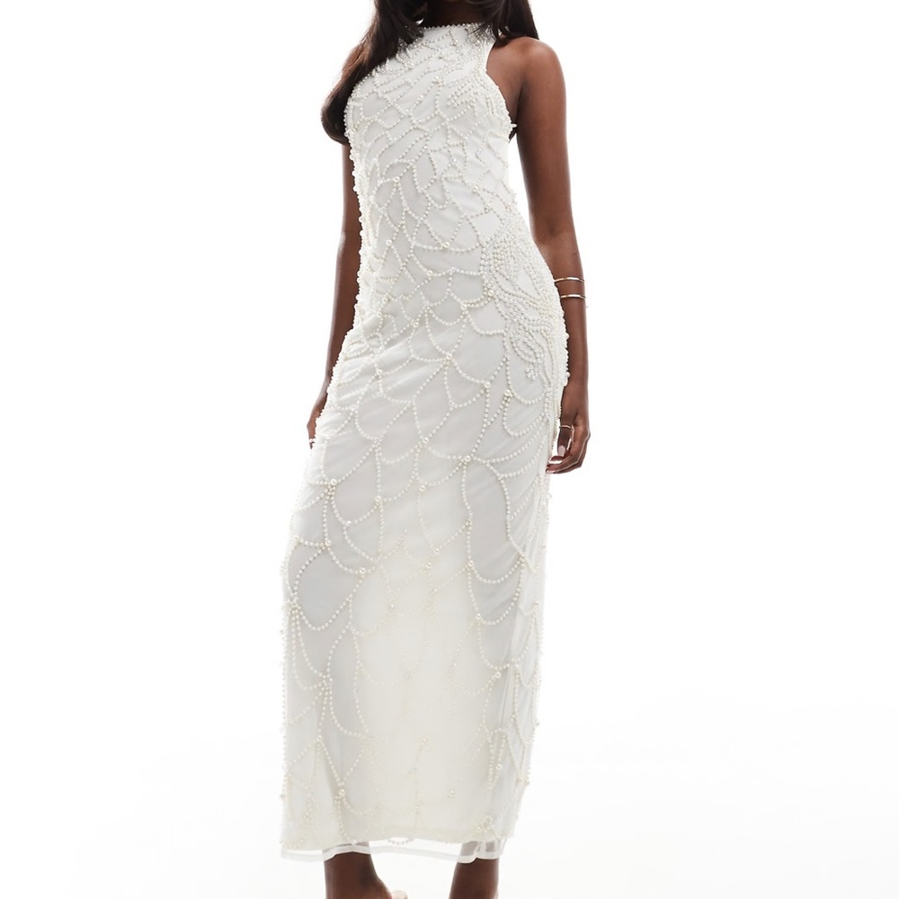 NWT ASOS DESIGN full pearl embellished halter neck midi dress in ivory